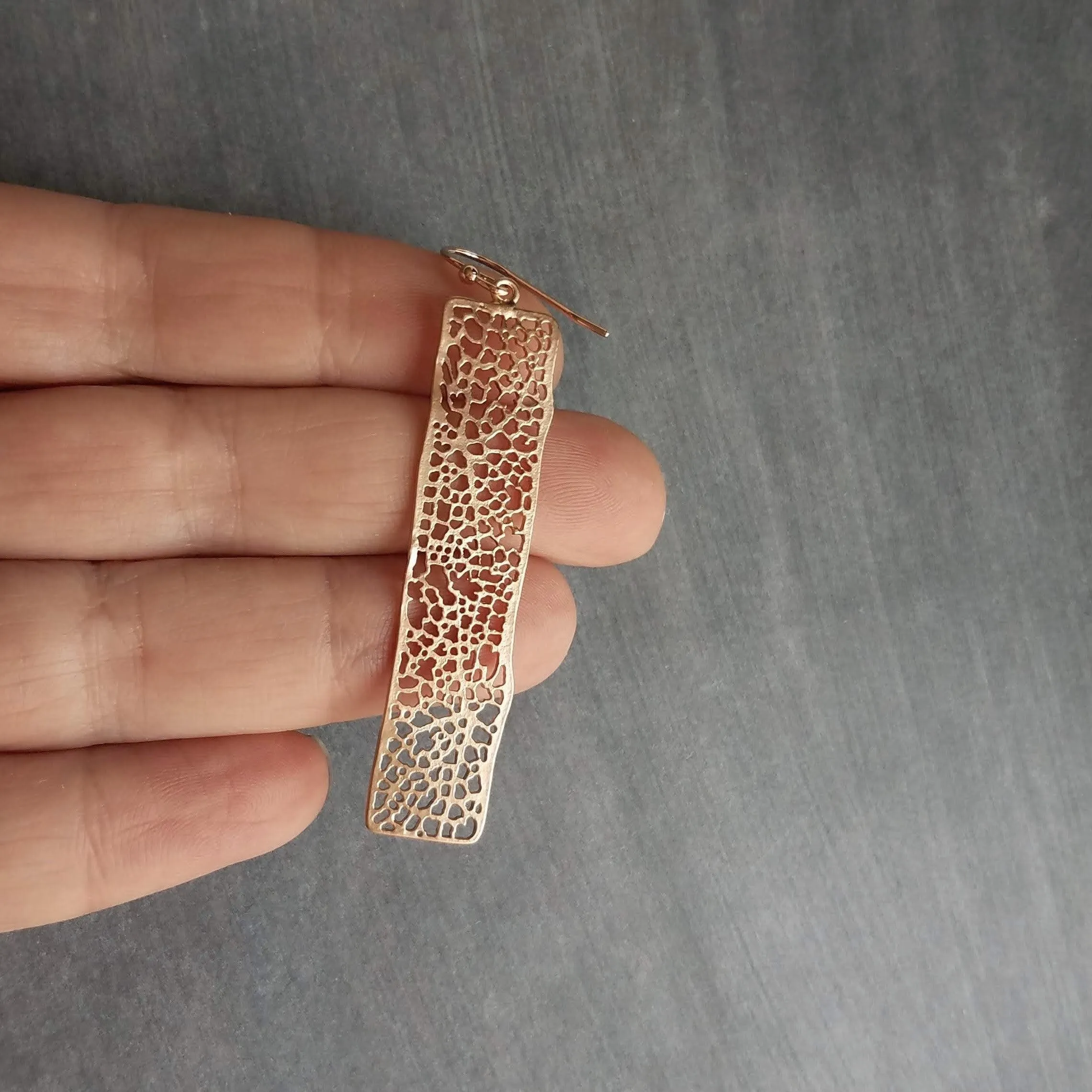 Long Rose Gold Rectangle Earrings, skeleton leaf earring, organic shape, rose gold filigree earring, thin rectangle earring, narrow