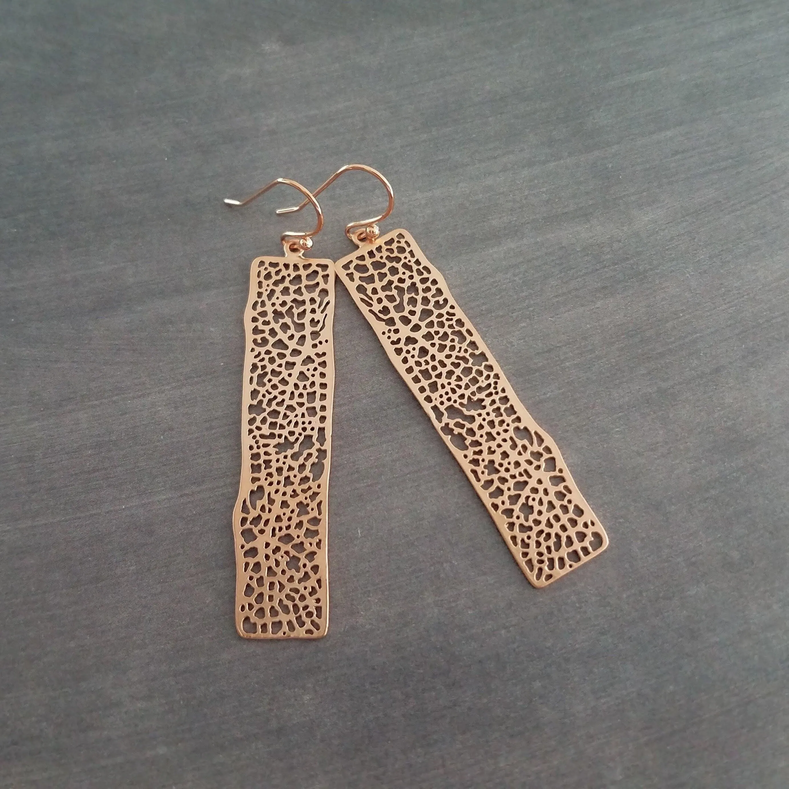 Long Rose Gold Rectangle Earrings, skeleton leaf earring, organic shape, rose gold filigree earring, thin rectangle earring, narrow