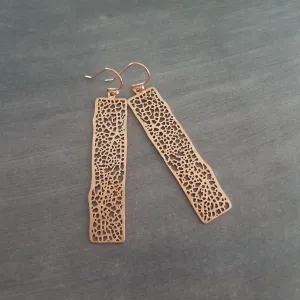 Long Rose Gold Rectangle Earrings, skeleton leaf earring, organic shape, rose gold filigree earring, thin rectangle earring, narrow