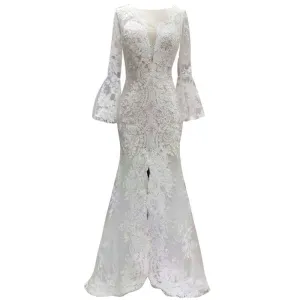 Long Sleeve Lace Trailing Waist Fishtail Slim High Slit Wedding Dress