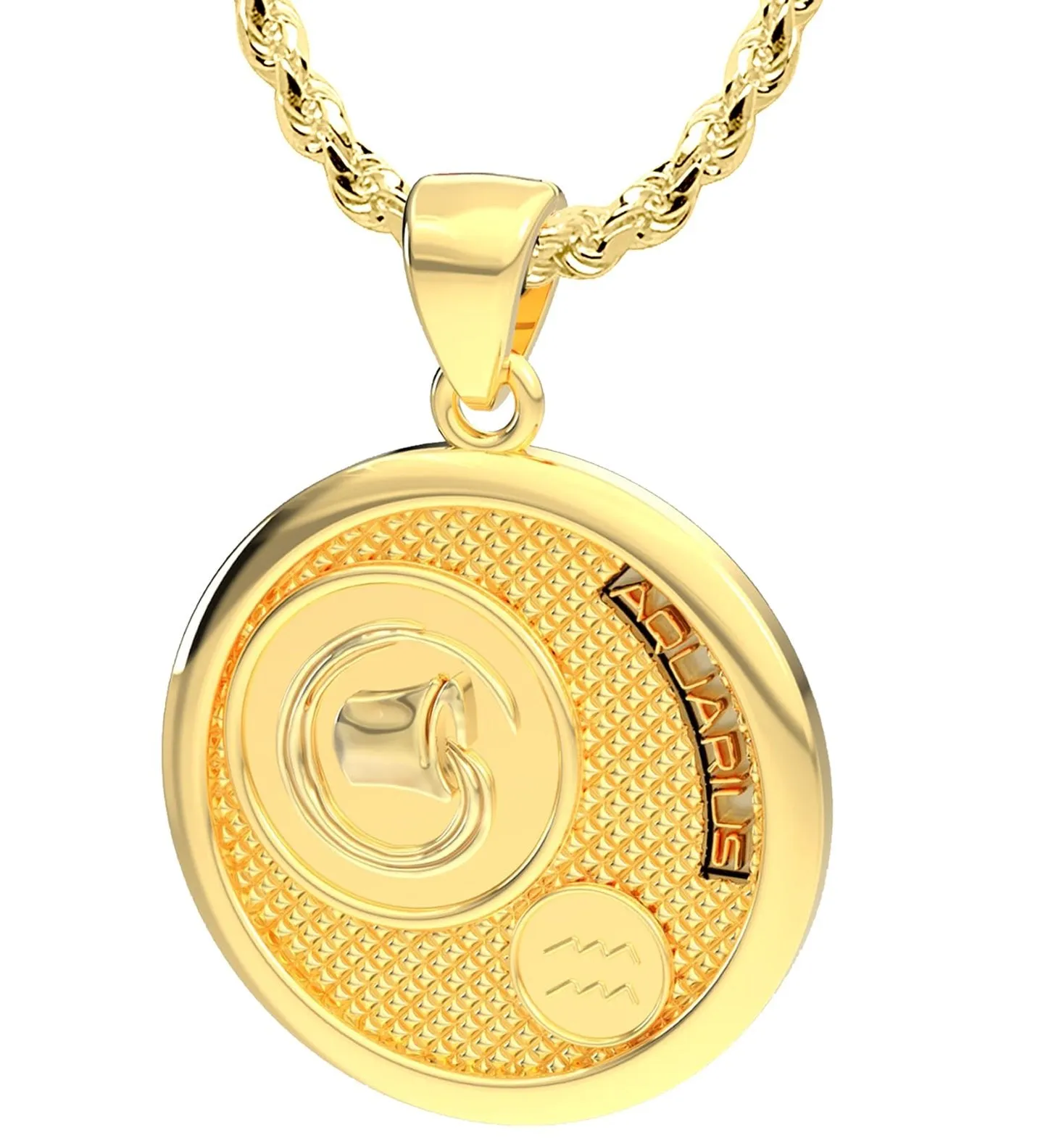 Men's 14k Yellow Gold Aquarius Zodiac Pendant Necklace, 33mm