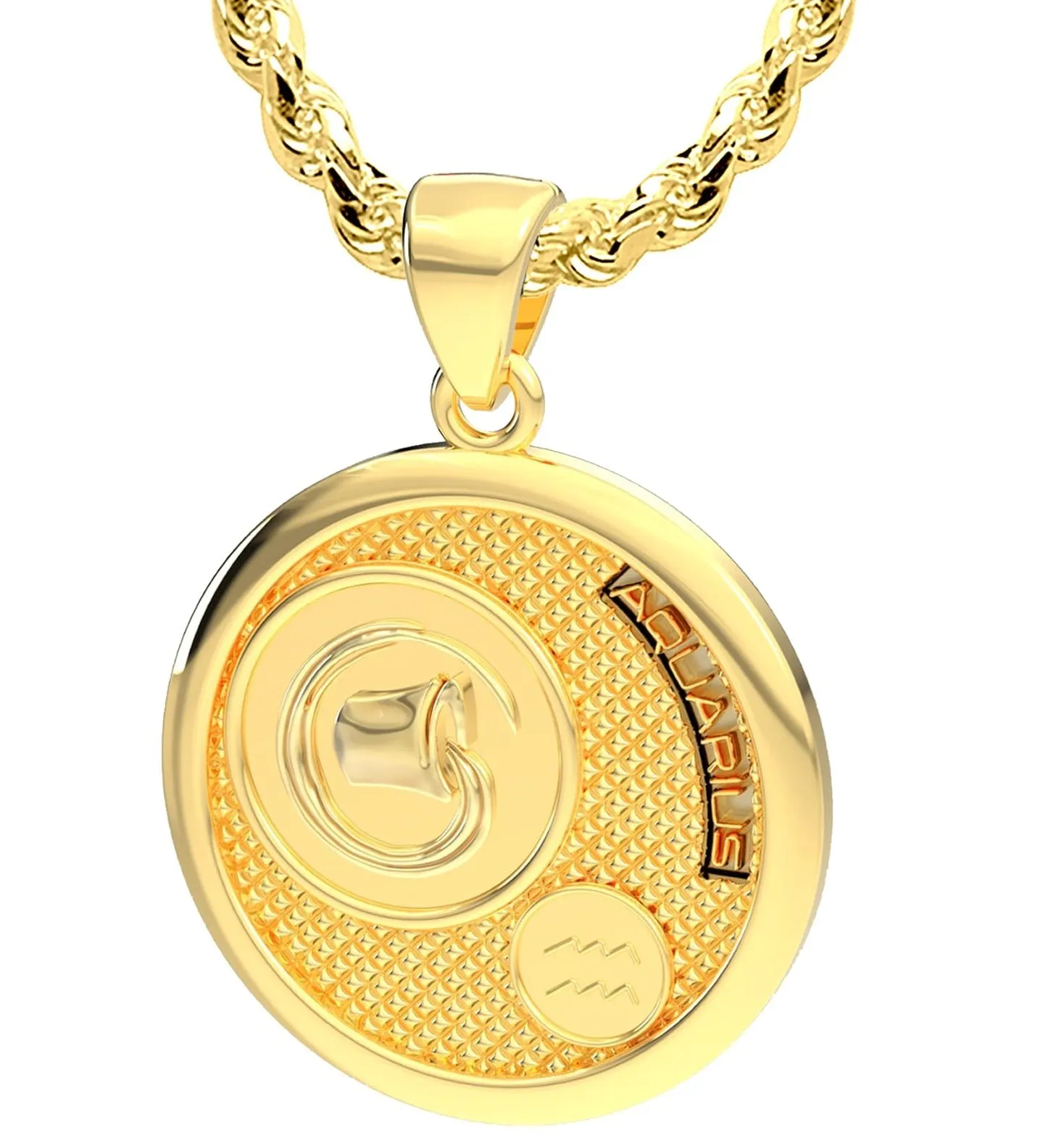 Men's 14k Yellow Gold Aquarius Zodiac Pendant Necklace, 33mm