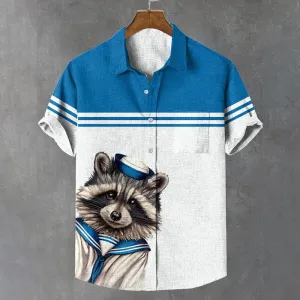 Men's Fun Navy Raccoon Contrast Color Print Linen Blend Shirt