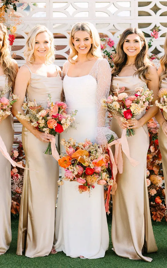 Mermaid Satin Simple Wedding Dress With Square Neckline And Long Sleeve-716572