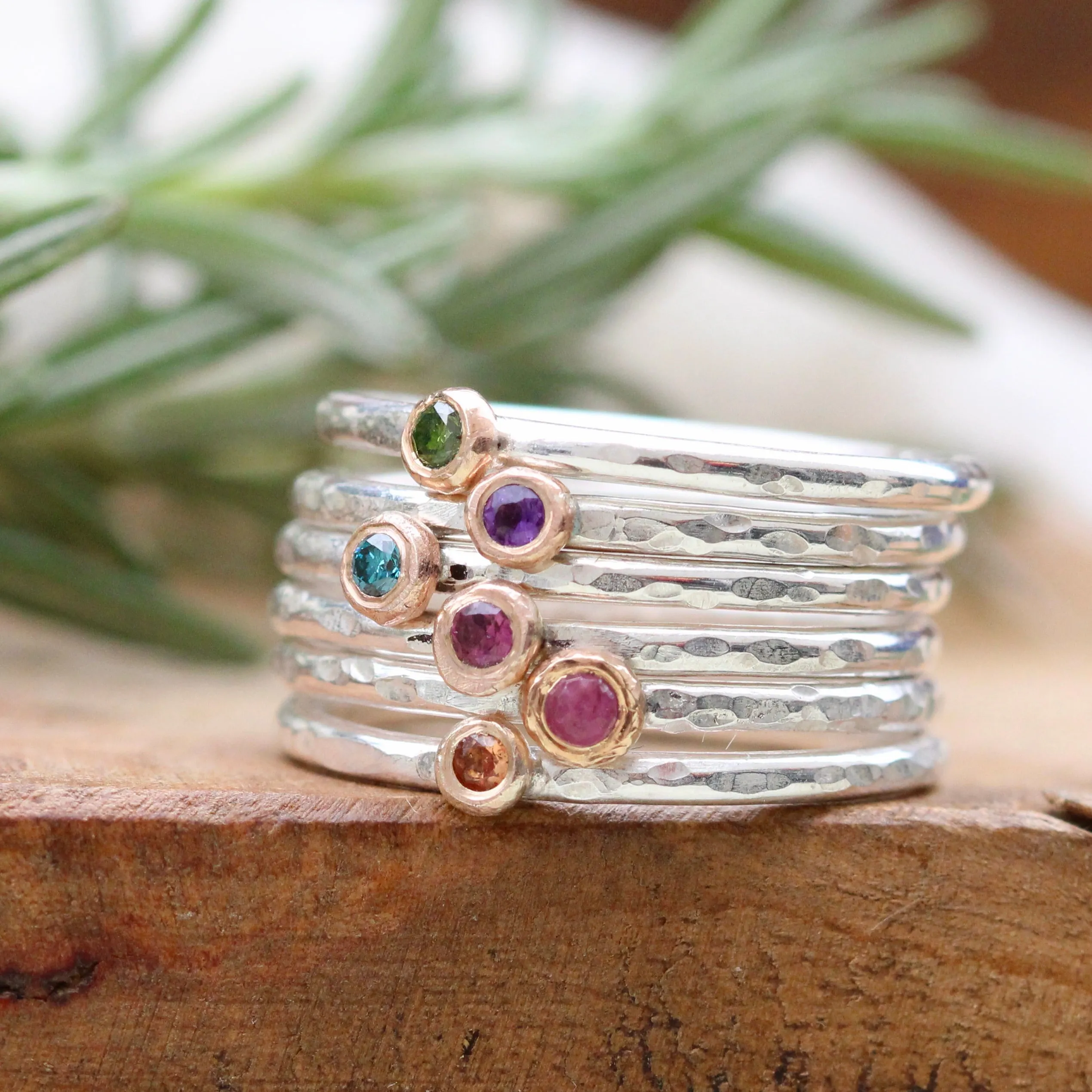 mixed metal 14k gold poppy and Diamond sterling silver stacking ring