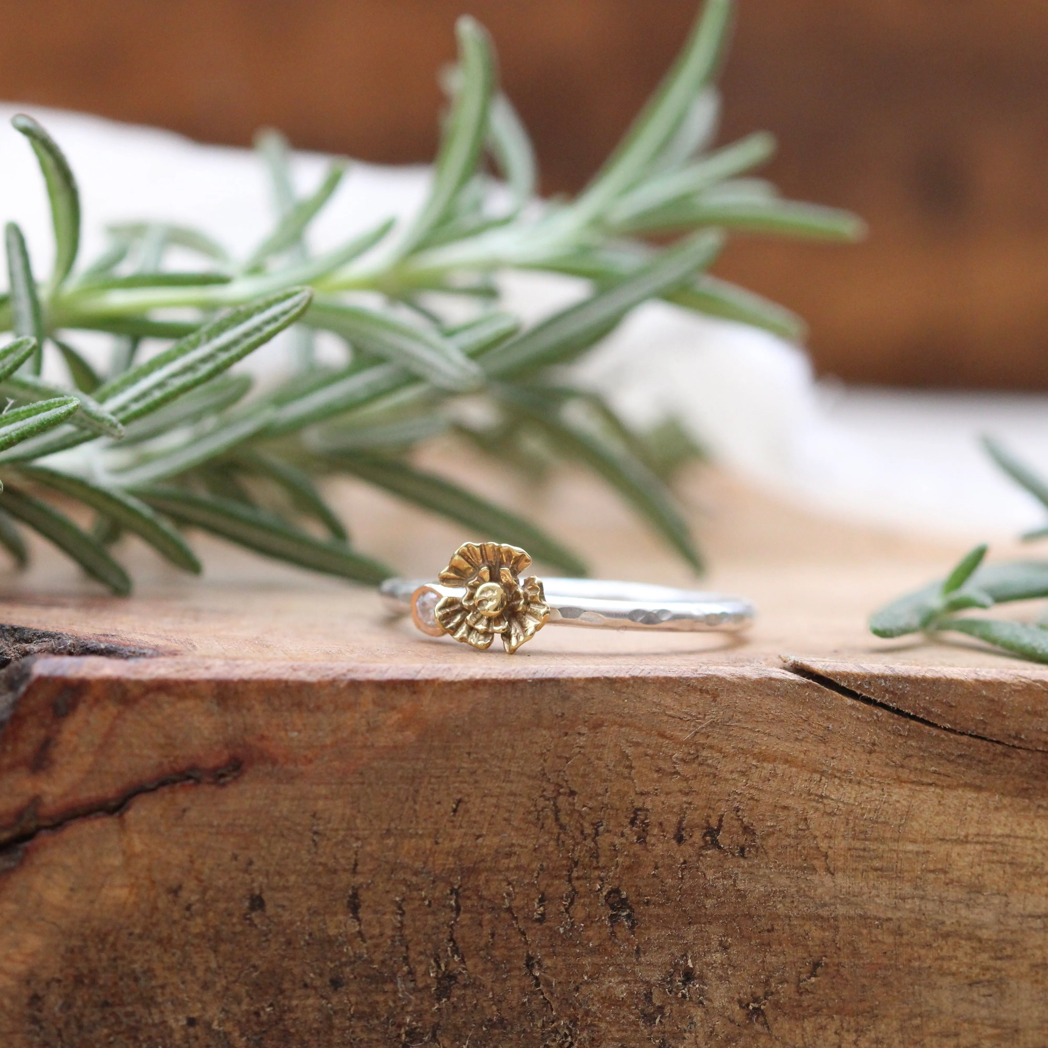 mixed metal 14k gold poppy and Diamond sterling silver stacking ring