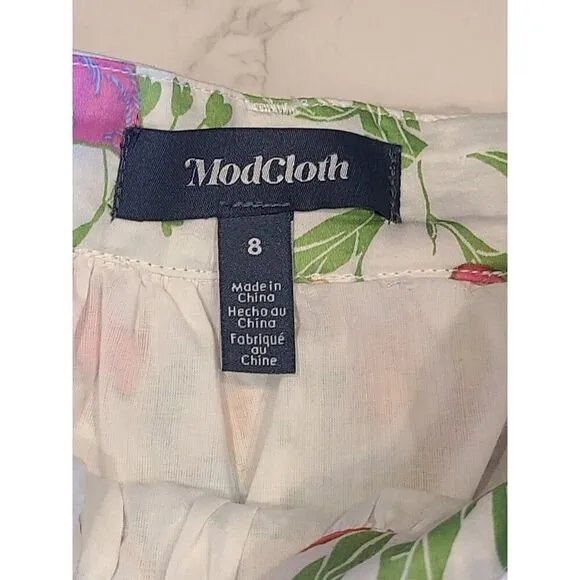 ModCloth Midi Skirt Women Tropical Print Multicolor Belted Kitch Lined | 8 EUC