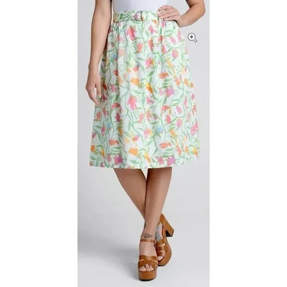 ModCloth Midi Skirt Women Tropical Print Multicolor Belted Kitch Lined | 8 EUC