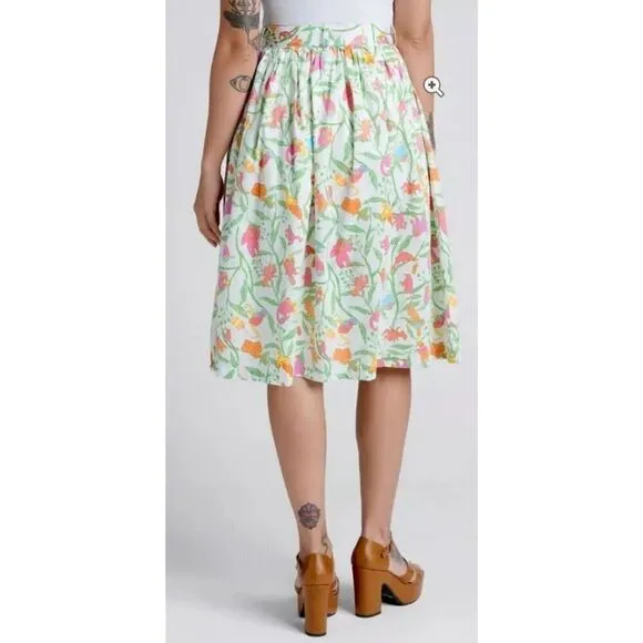 ModCloth Midi Skirt Women Tropical Print Multicolor Belted Kitch Lined | 8 EUC