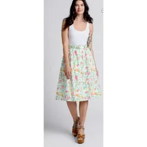ModCloth Midi Skirt Women Tropical Print Multicolor Belted Kitch Lined | 8 EUC