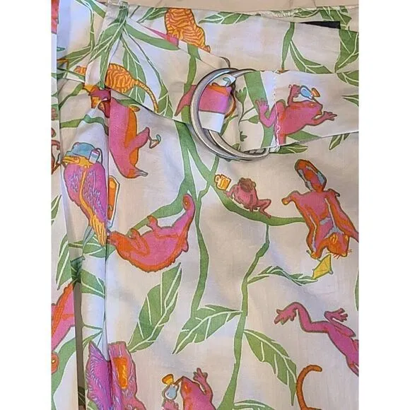 ModCloth Midi Skirt Women Tropical Print Multicolor Belted Kitch Lined | 8 EUC