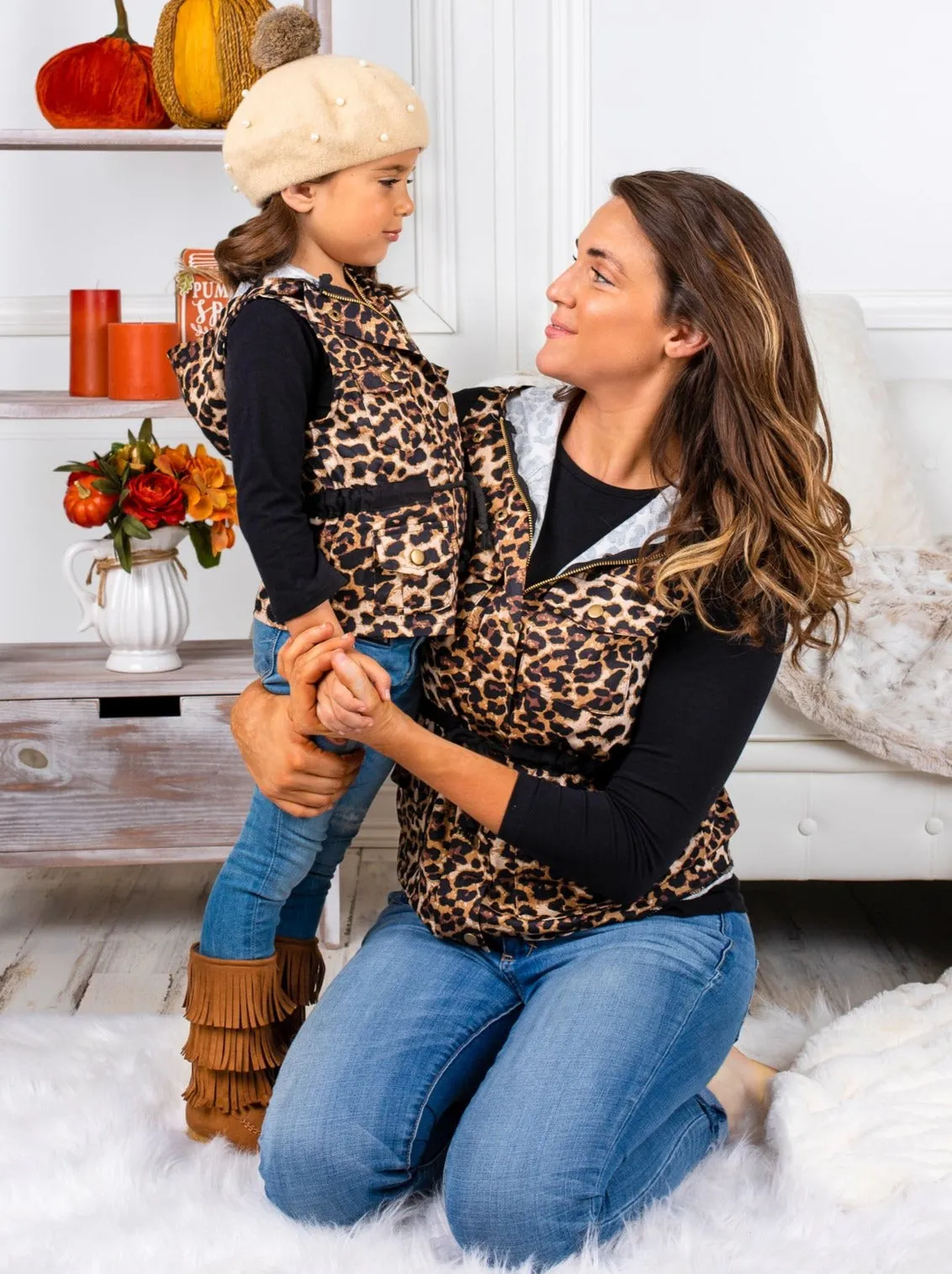Mommy and Me Top and Leopard Hoodie Vest Set