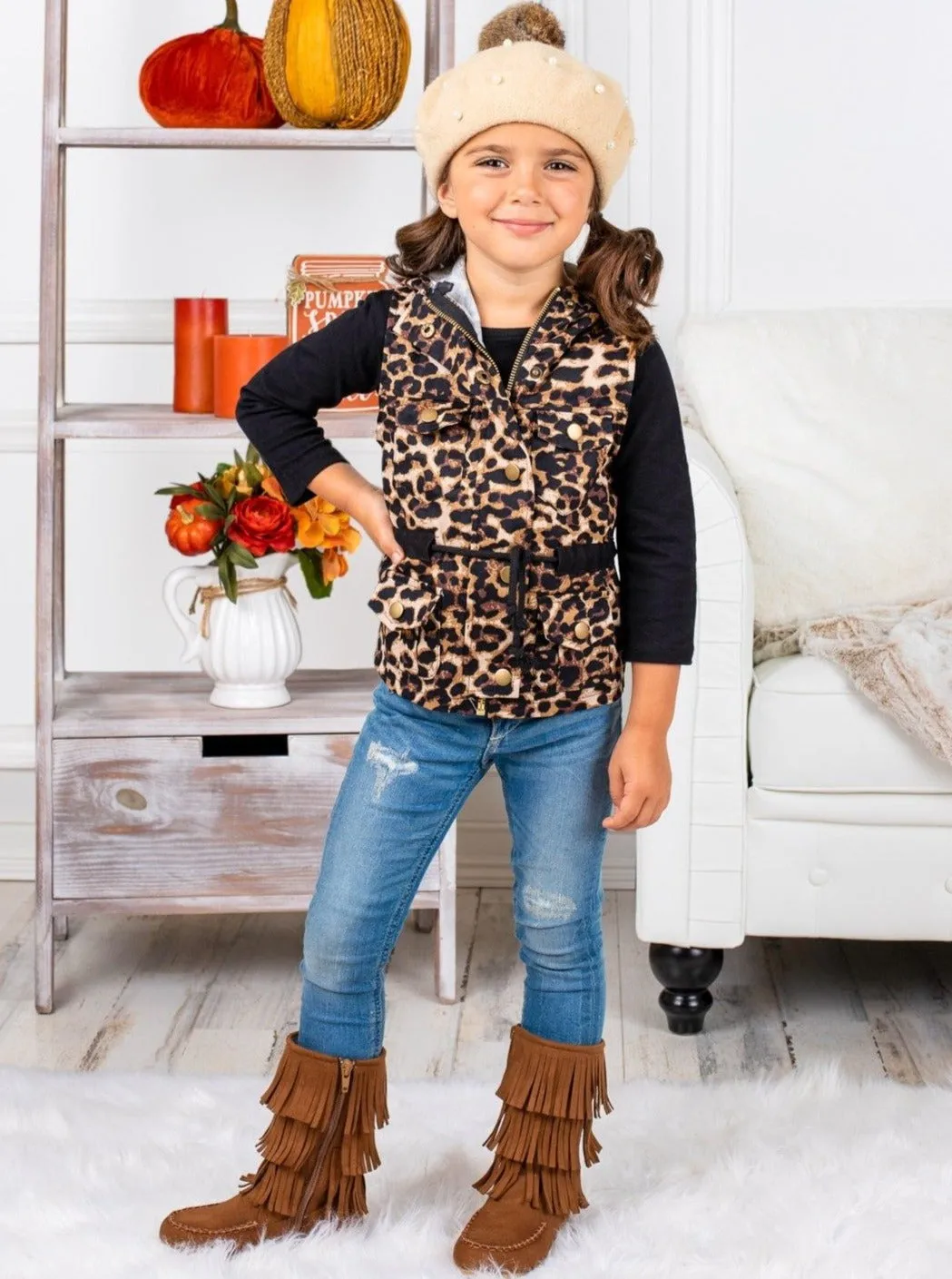 Mommy and Me Top and Leopard Hoodie Vest Set