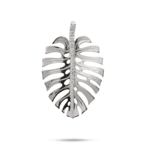 Monstera Pendant in White Gold with Diamonds - 30mm