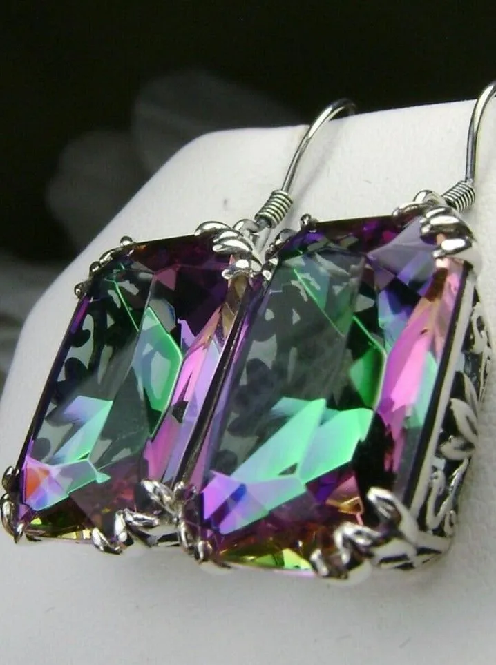Mystic Topaz Earrings, Silver Filigree, Art Nouveau Jewelry #E109