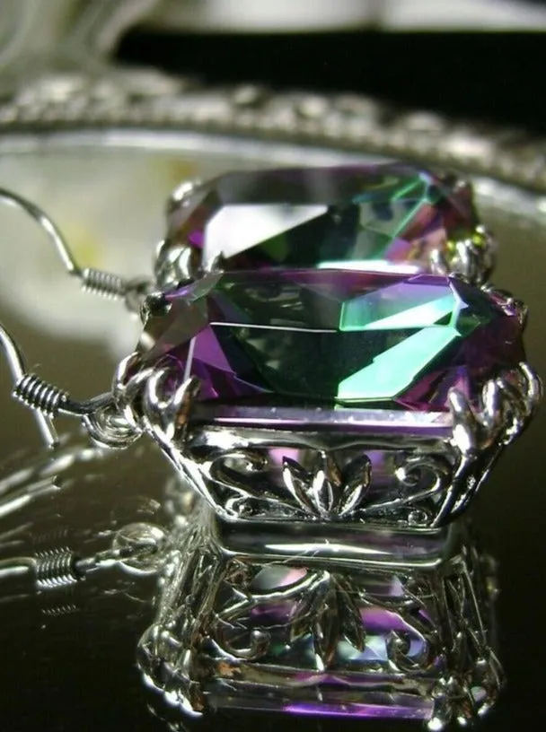 Mystic Topaz Earrings, Silver Filigree, Art Nouveau Jewelry #E109