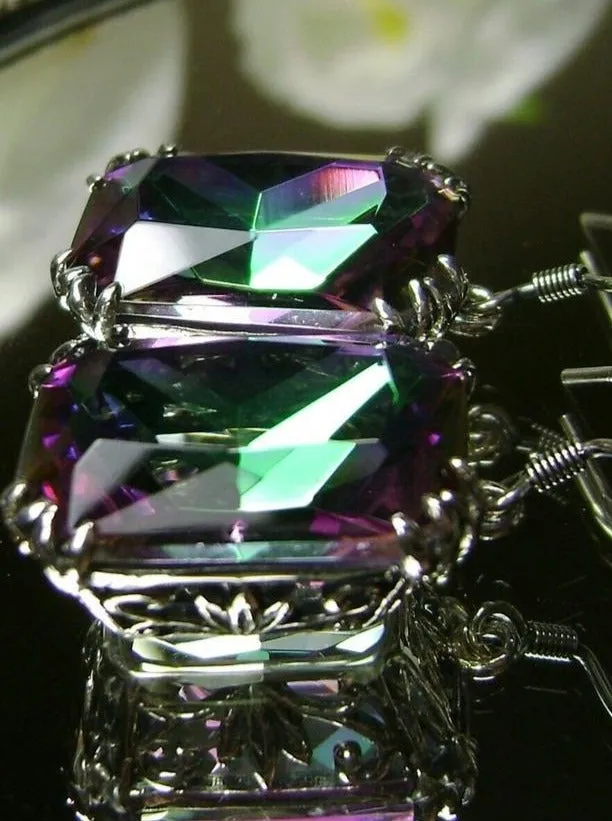 Mystic Topaz Earrings, Silver Filigree, Art Nouveau Jewelry #E109