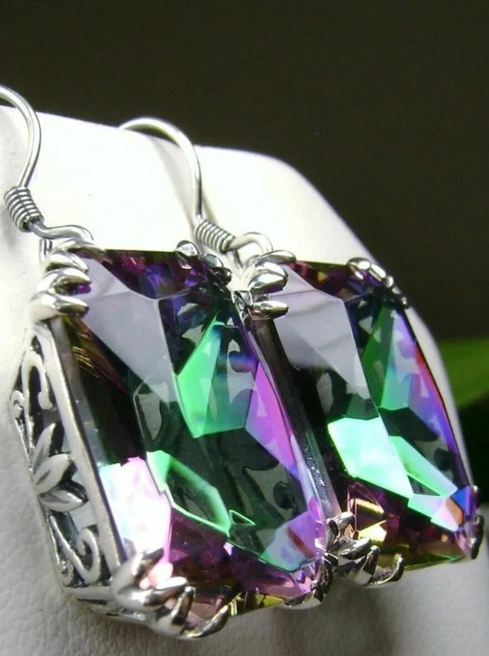 Mystic Topaz Earrings, Silver Filigree, Art Nouveau Jewelry #E109