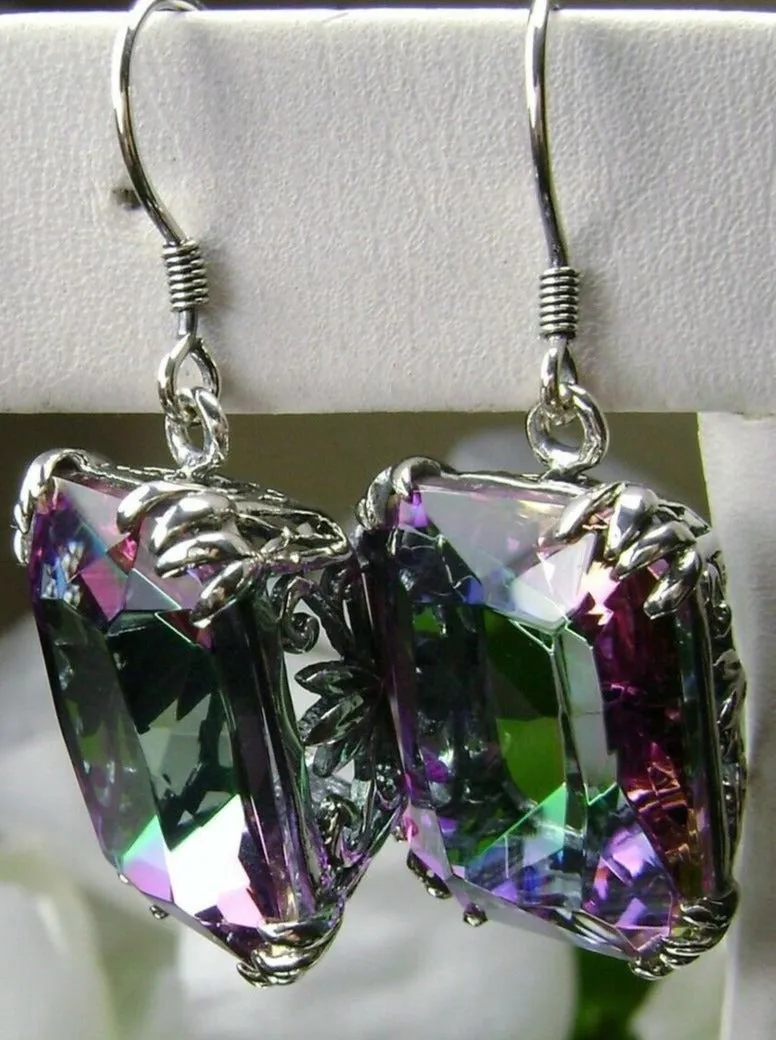 Mystic Topaz Earrings, Silver Filigree, Art Nouveau Jewelry #E109