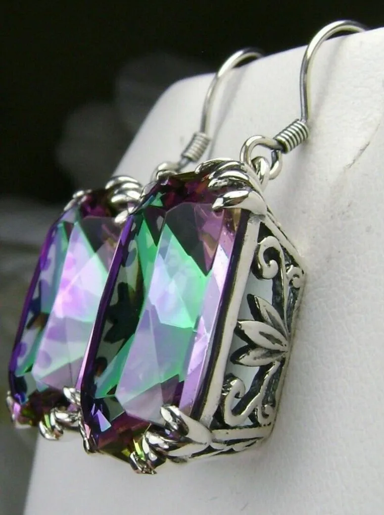 Mystic Topaz Earrings, Silver Filigree, Art Nouveau Jewelry #E109