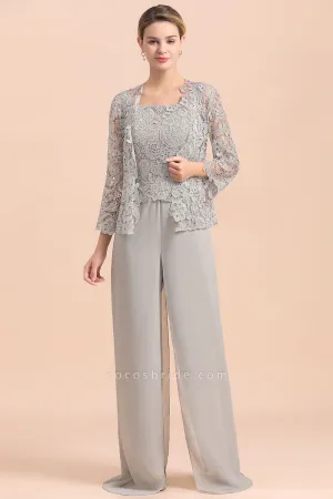 NEW Chic Silver Lace Chiffon Long Sleeve Mother of Bride Jumpsuit With Wrap, Silver, Sz 11, Retails $121