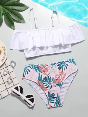 New Shein Girls Tropical Ruffle Hem Bikini Swimsuit, Sz 9-10 Years!