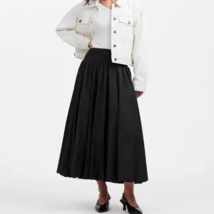 NWT Madewell Black Poplin Smocked Bubble Midi Skirt SZ L