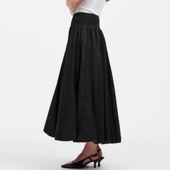NWT Madewell Black Poplin Smocked Bubble Midi Skirt SZ L
