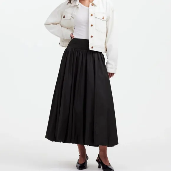 NWT Madewell Black Poplin Smocked Bubble Midi Skirt SZ L