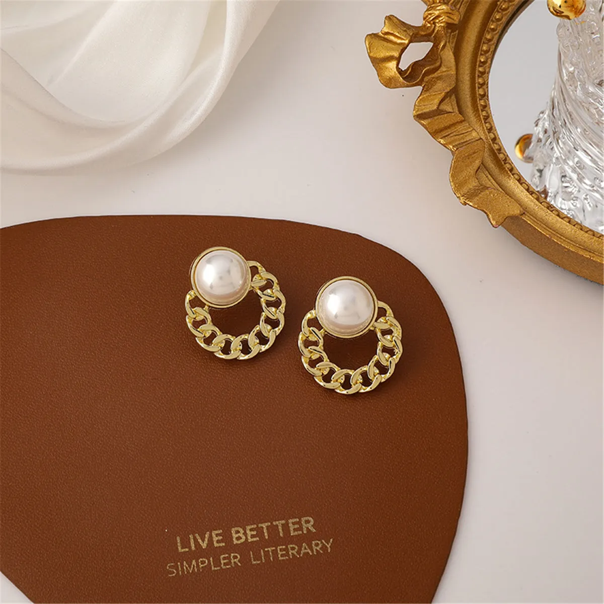 Pearl & 18K Gold-Plated Curb Round Stud Earrings