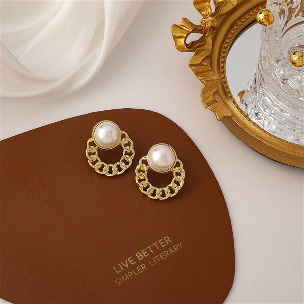 Pearl & 18K Gold-Plated Curb Round Stud Earrings
