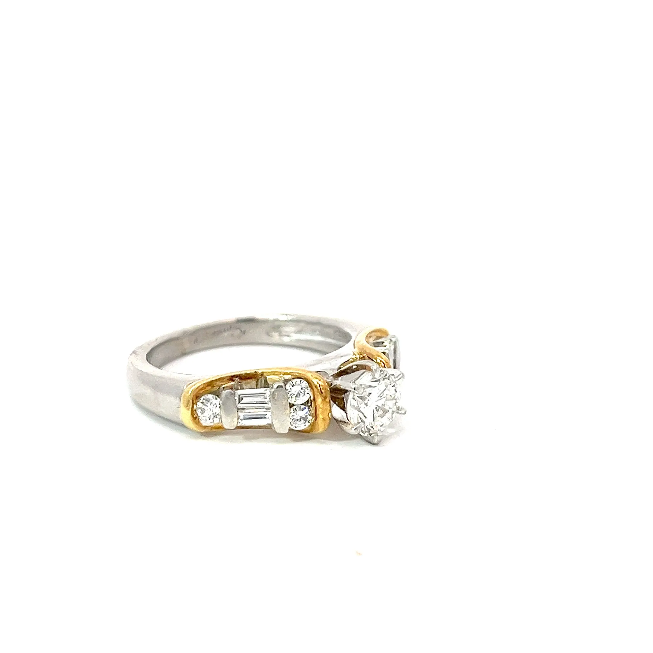 Platinum / 18k Yellow Gold .50ct E VS2 Round Center /.50ct E VS2 Baguette Diamond Channel Set Engagement Ring