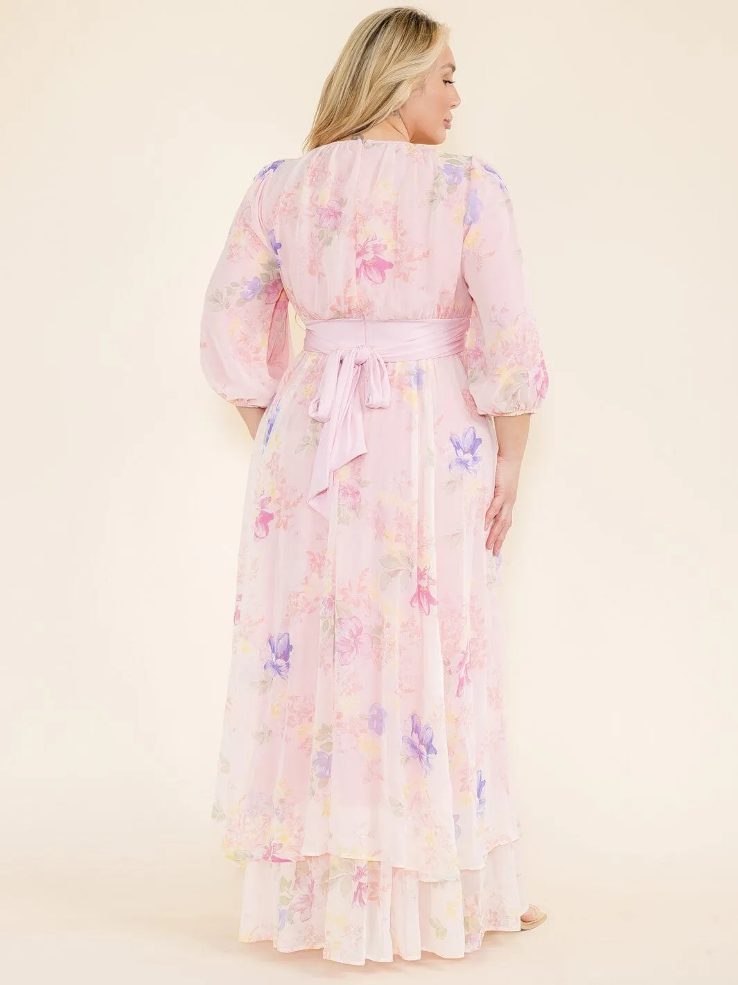 PLUS SIZE 3/4 SLEEVE FLOWER PRINT SELF TIE MAXI DRESS