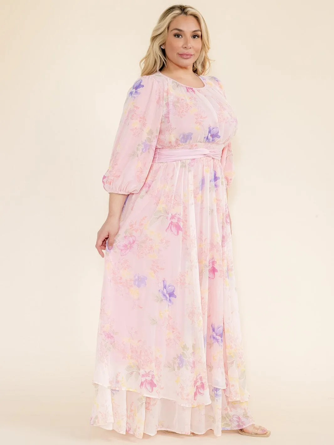 PLUS SIZE 3/4 SLEEVE FLOWER PRINT SELF TIE MAXI DRESS
