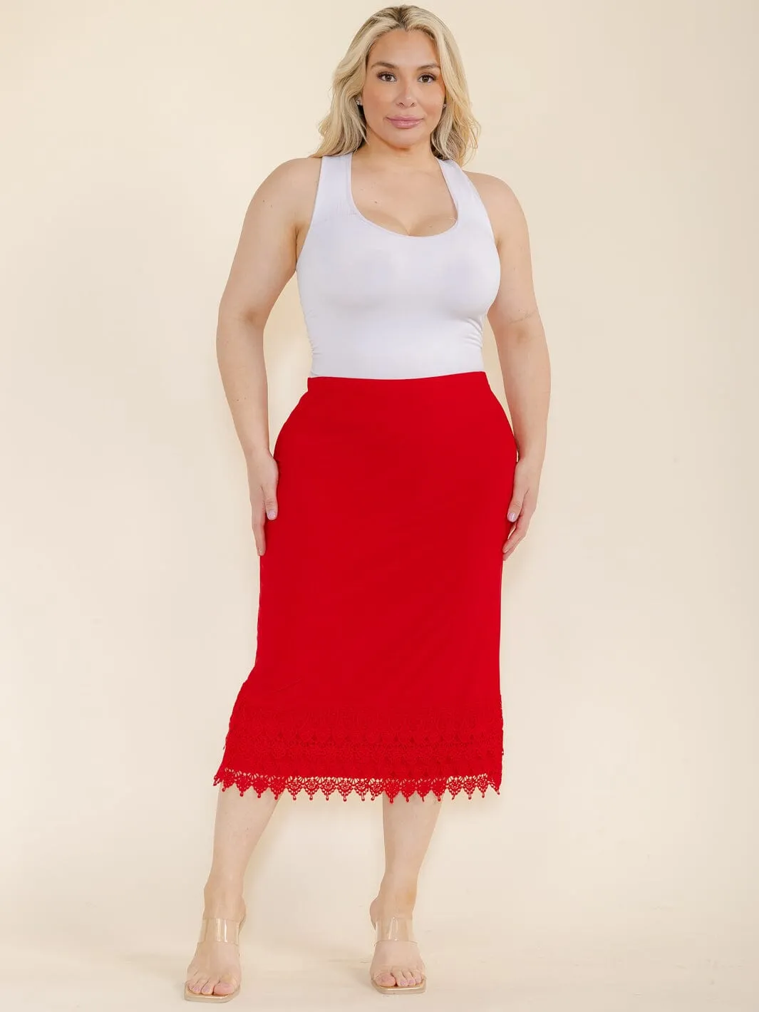 PLUS SIZE ELASTIC WAIST CROCHET BOTTOM HEM MIDI SKIRT