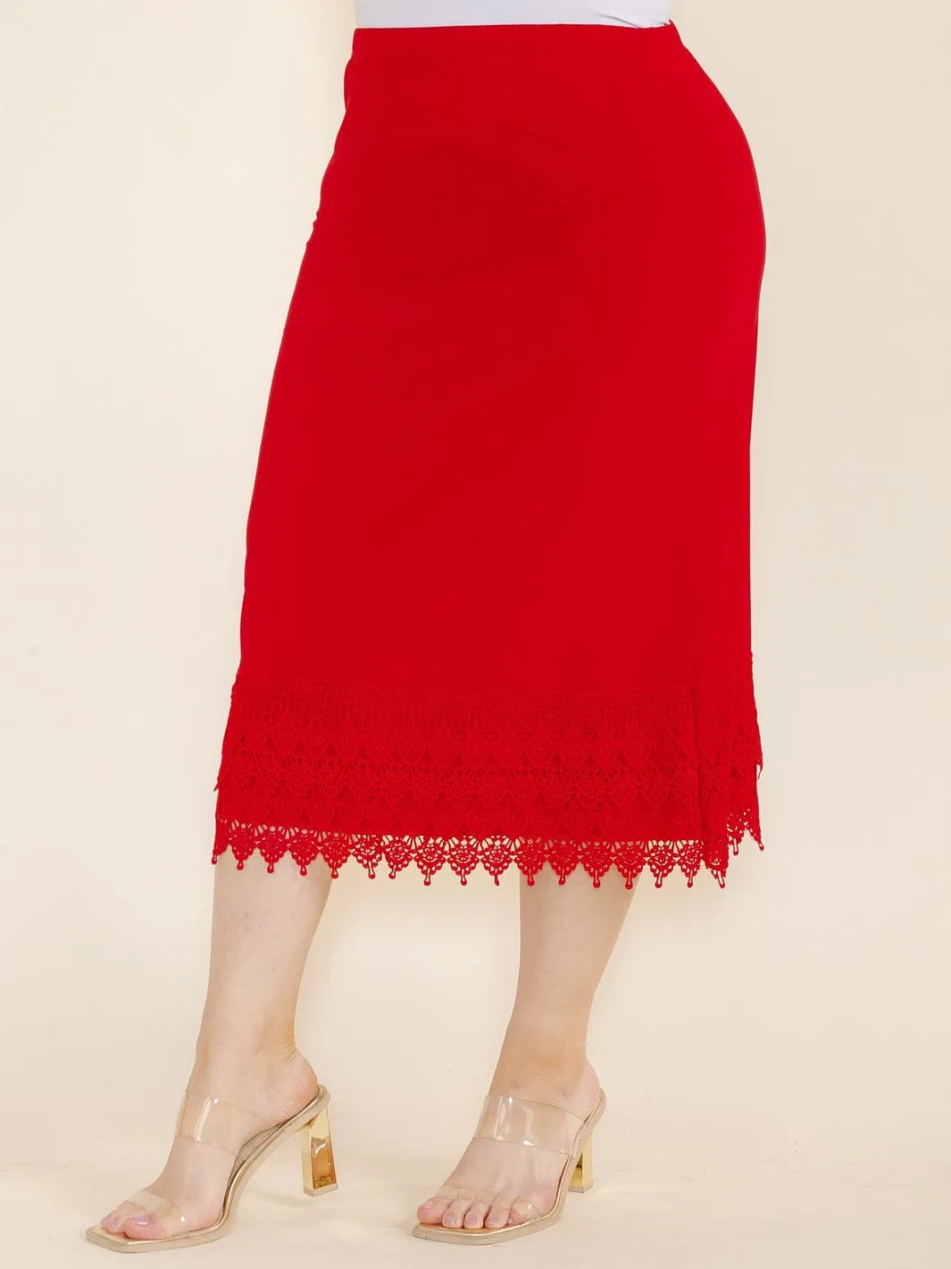 PLUS SIZE ELASTIC WAIST CROCHET BOTTOM HEM MIDI SKIRT