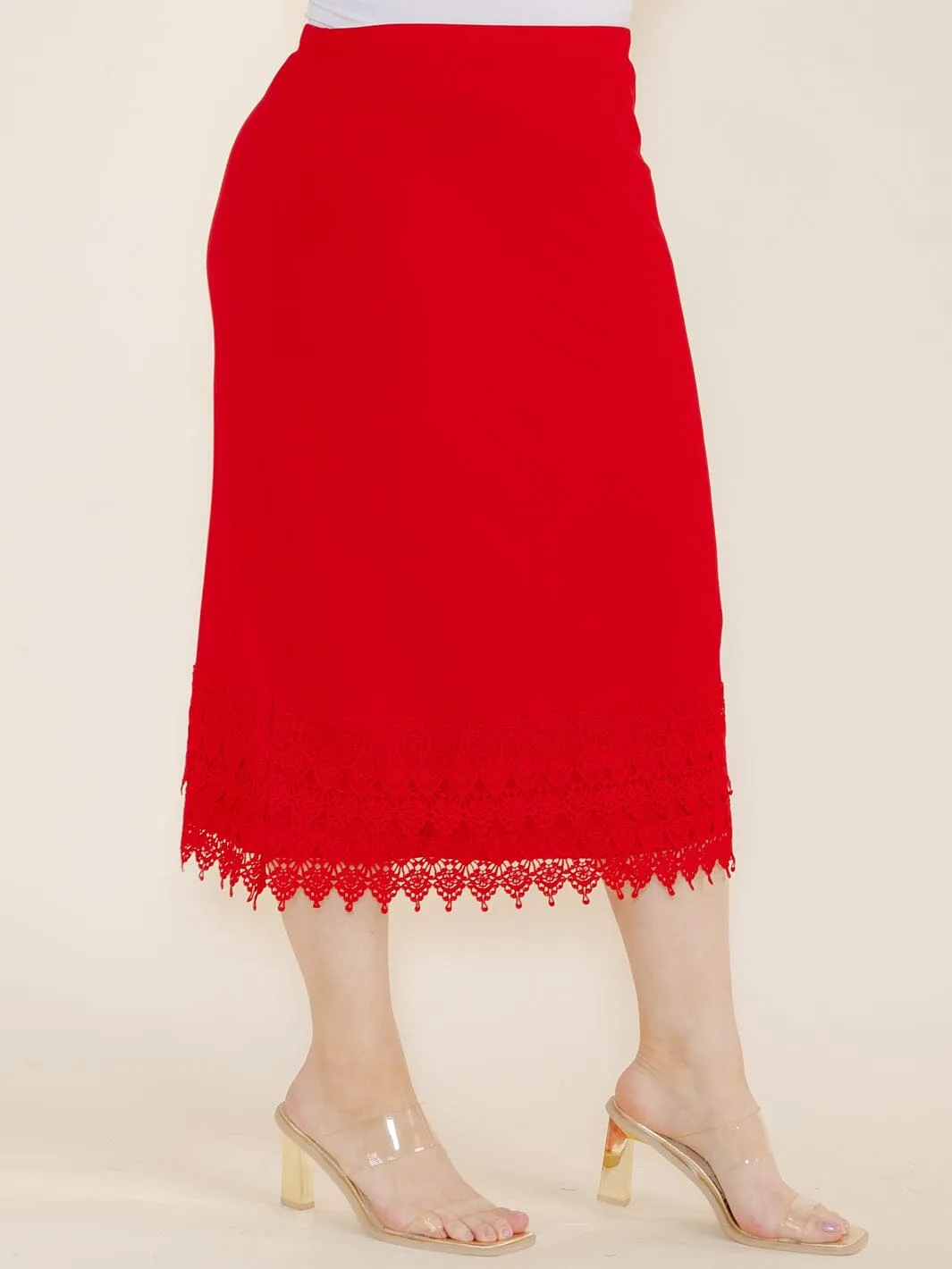 PLUS SIZE ELASTIC WAIST CROCHET BOTTOM HEM MIDI SKIRT