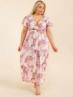 PLUS SIZE SHORT SLEEVE SURPLICE LEAF PRINT MAXI DRESS