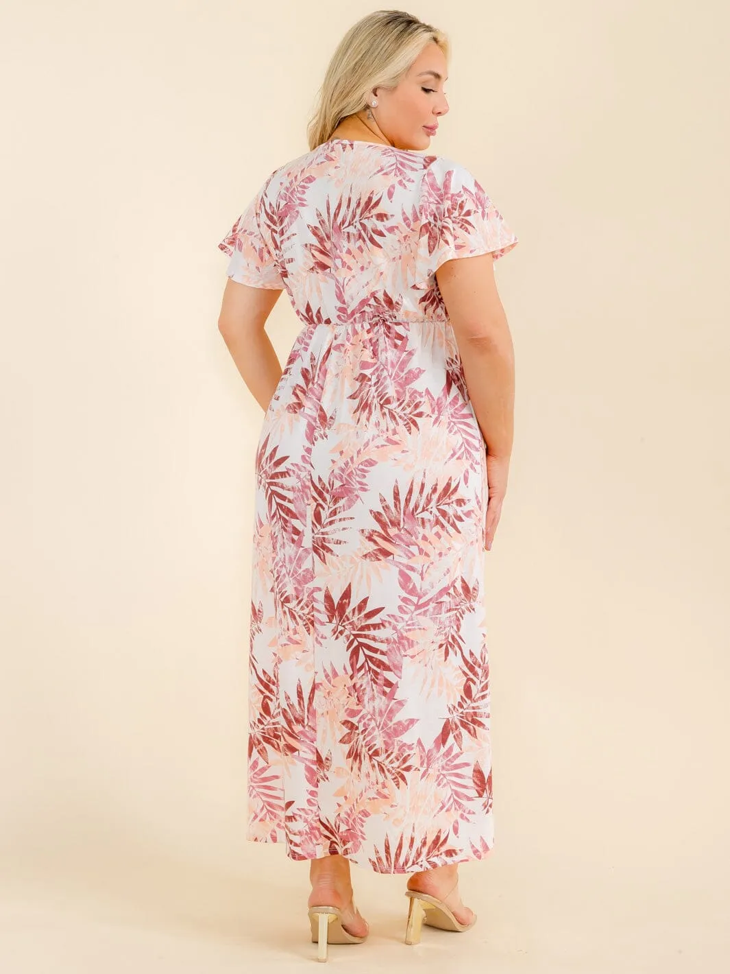 PLUS SIZE SHORT SLEEVE SURPLICE LEAF PRINT MAXI DRESS