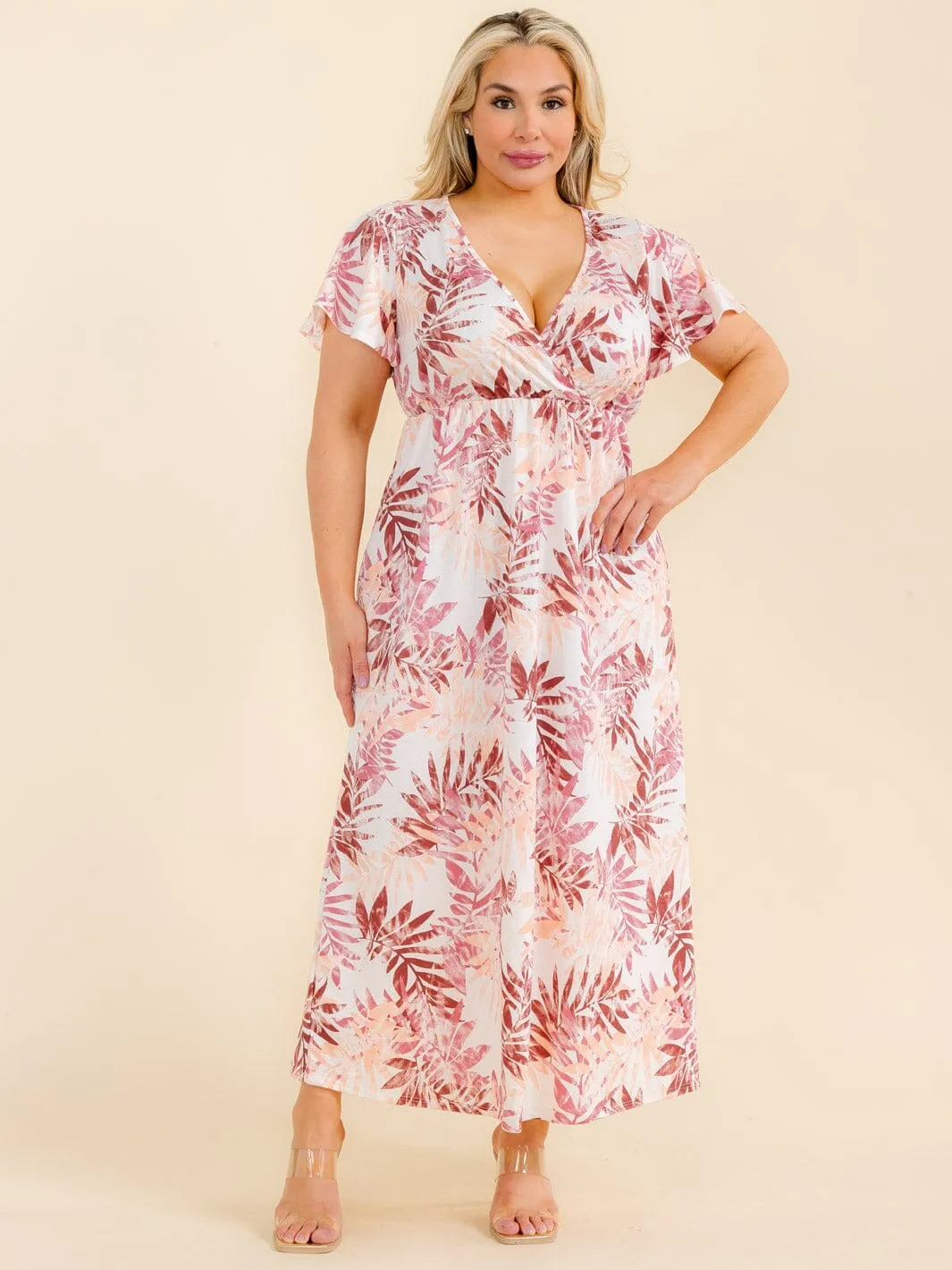 PLUS SIZE SHORT SLEEVE SURPLICE LEAF PRINT MAXI DRESS