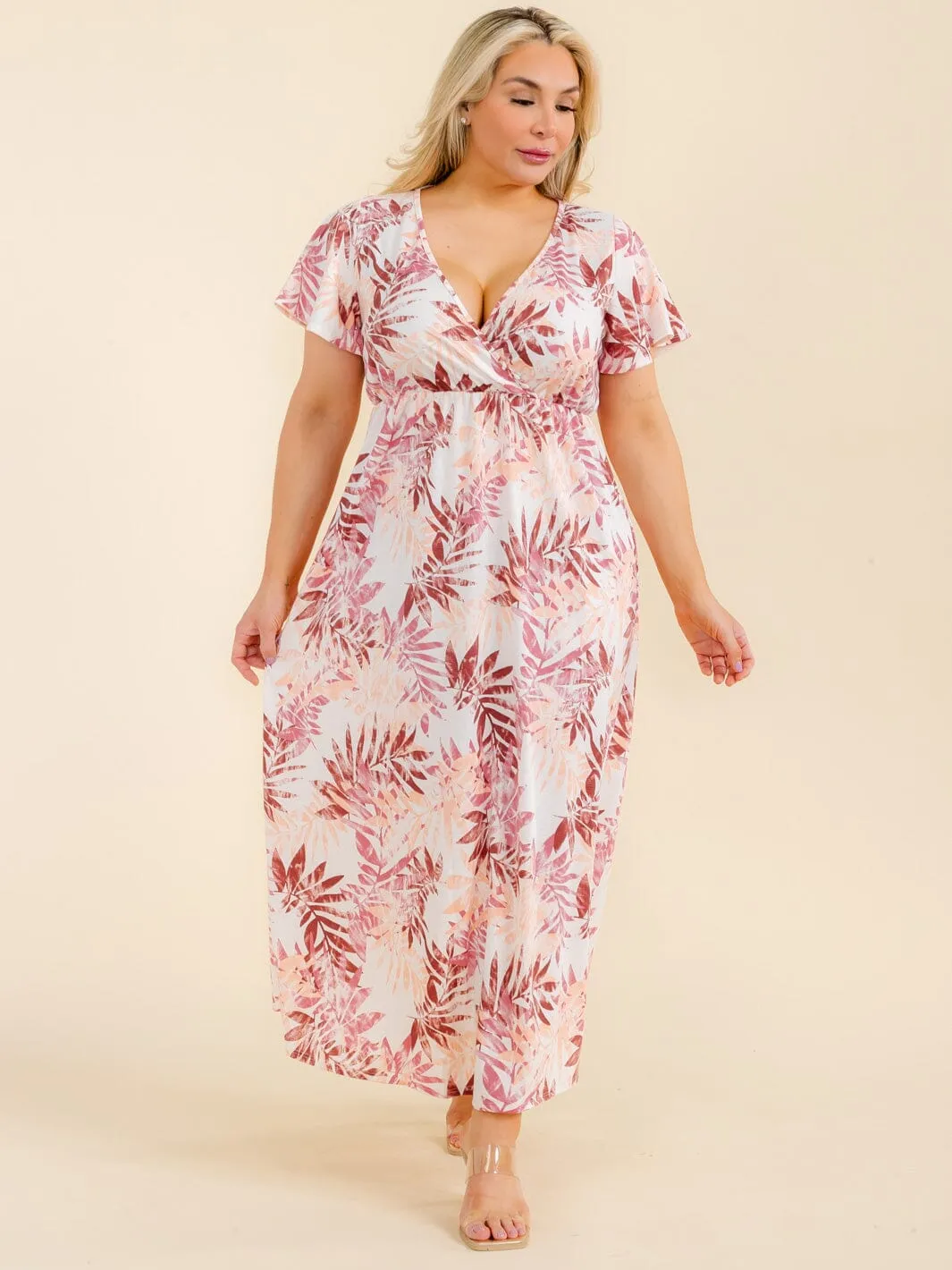 PLUS SIZE SHORT SLEEVE SURPLICE LEAF PRINT MAXI DRESS