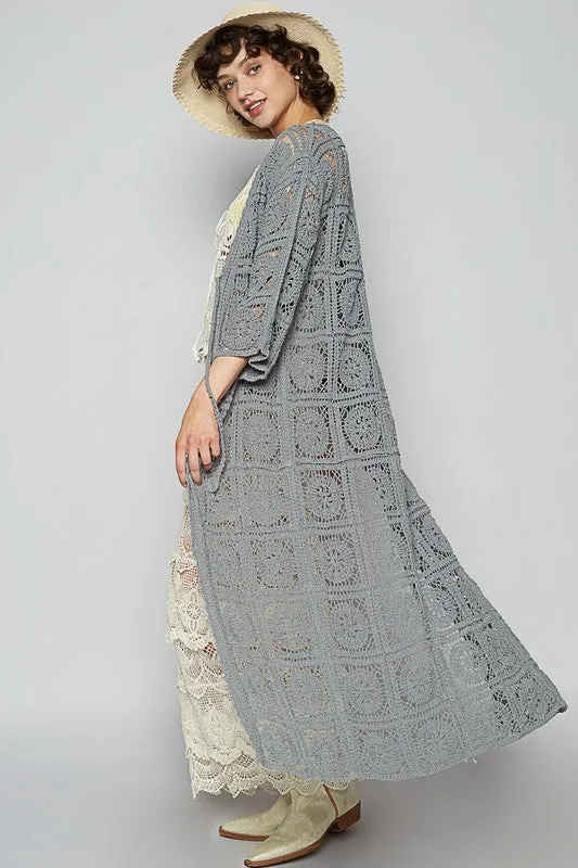 POL Tied Crochet 3/4 Sleeve Longline Cardigan