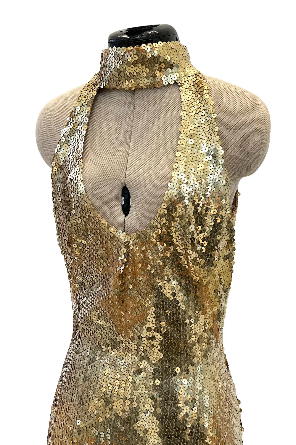 Rare Spring 1973 Loris Azzaro Ad Campaign Documented Gold Metallic Sequin Backless Halter Dress