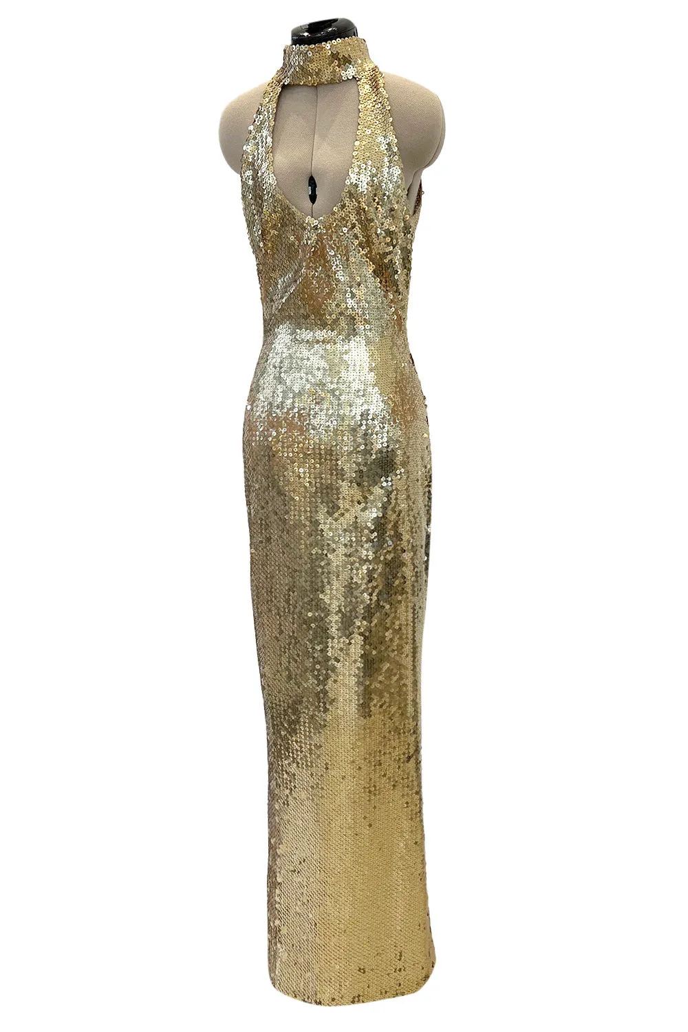 Rare Spring 1973 Loris Azzaro Ad Campaign Documented Gold Metallic Sequin Backless Halter Dress