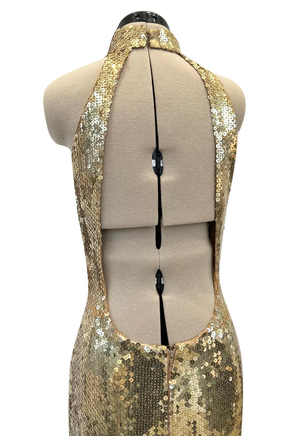 Rare Spring 1973 Loris Azzaro Ad Campaign Documented Gold Metallic Sequin Backless Halter Dress