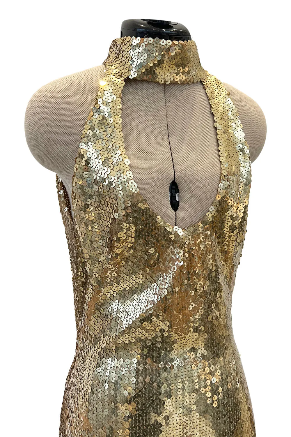 Rare Spring 1973 Loris Azzaro Ad Campaign Documented Gold Metallic Sequin Backless Halter Dress
