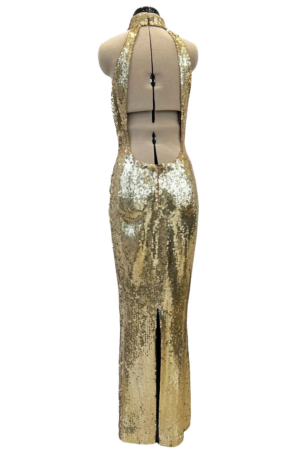 Rare Spring 1973 Loris Azzaro Ad Campaign Documented Gold Metallic Sequin Backless Halter Dress