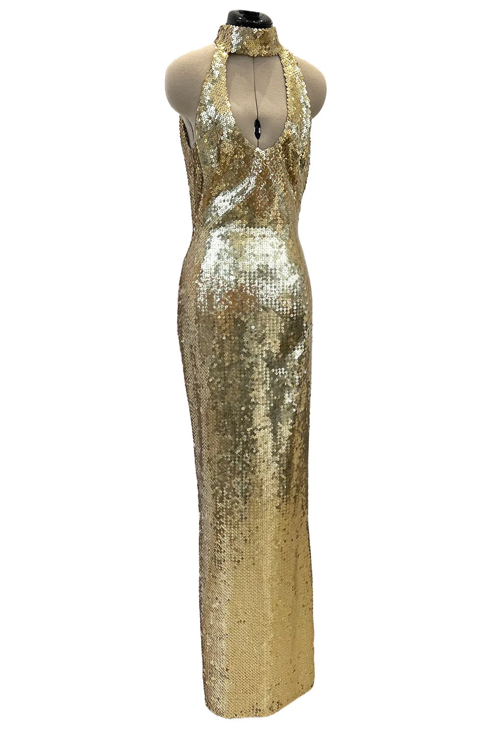 Rare Spring 1973 Loris Azzaro Ad Campaign Documented Gold Metallic Sequin Backless Halter Dress