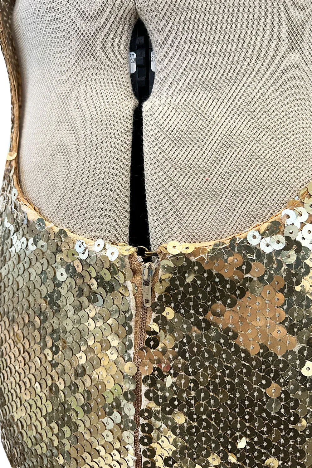 Rare Spring 1973 Loris Azzaro Ad Campaign Documented Gold Metallic Sequin Backless Halter Dress