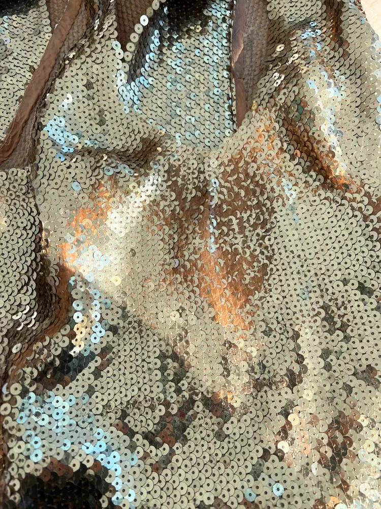Rare Spring 1973 Loris Azzaro Ad Campaign Documented Gold Metallic Sequin Backless Halter Dress